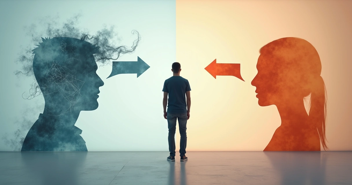 Pessoa em pé entre duas setas opostas representando conflitos internos e externos 