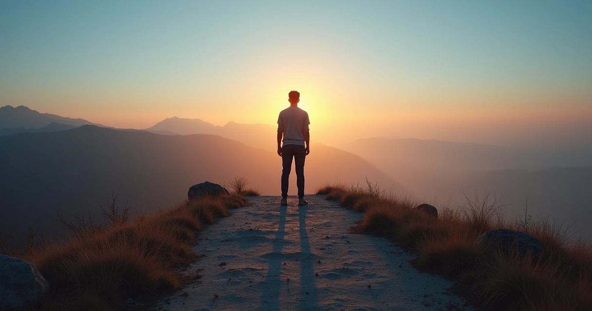 Pessoa em pé entre dois caminhos opostos refletindo em equilíbrio interior 