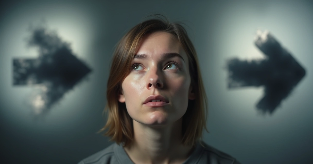 Pessoa pensativa olhando para cima com luz suave no rosto.