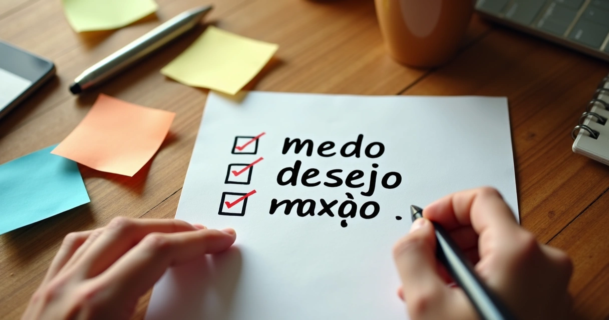 Lista manuscrita com emoções conflitantes em fundo de mesa de madeira