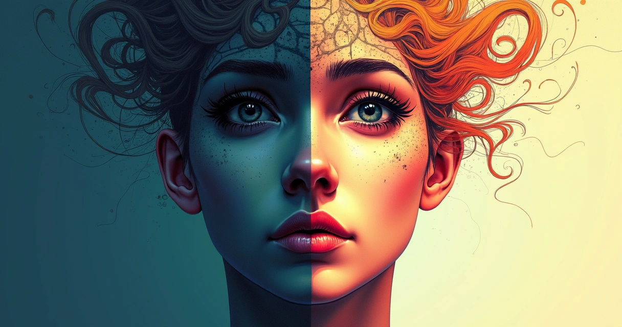 Representação de um cérebro humano dividido entre luz e sombra