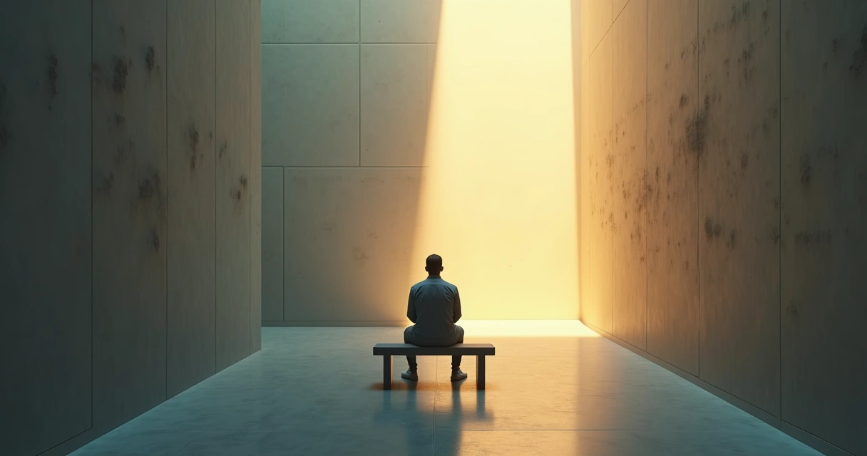 Pessoa em ambiente interno dividida entre sombras e luz representando conflito interno 