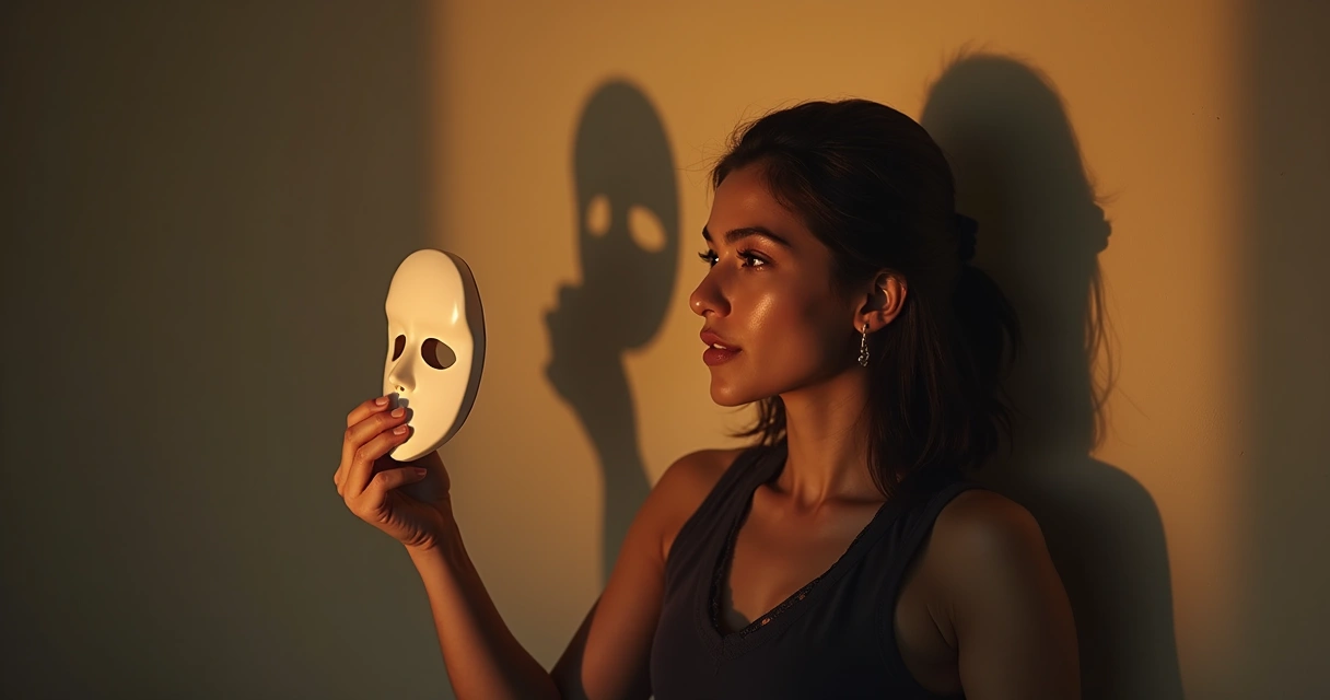 Pessoa segurando máscara em um cenário de conflito interno 