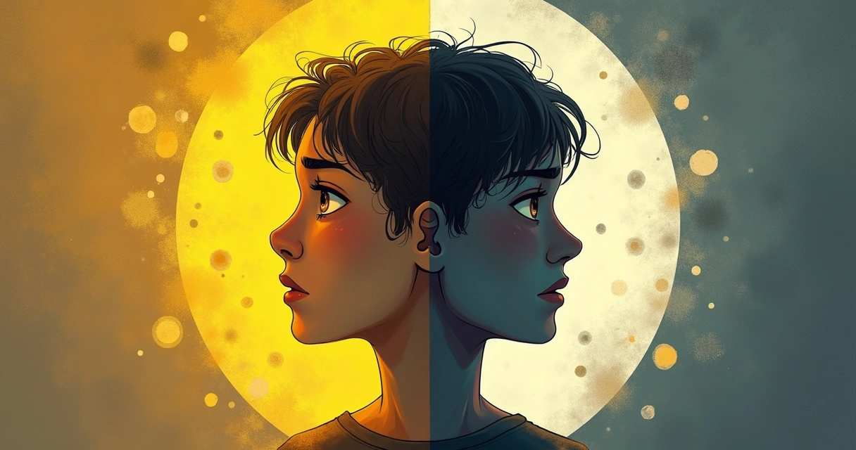 Ilustração de uma pessoa dividida ao meio entre luz e sombra, simbolizando conflito interno e reconciliação. 