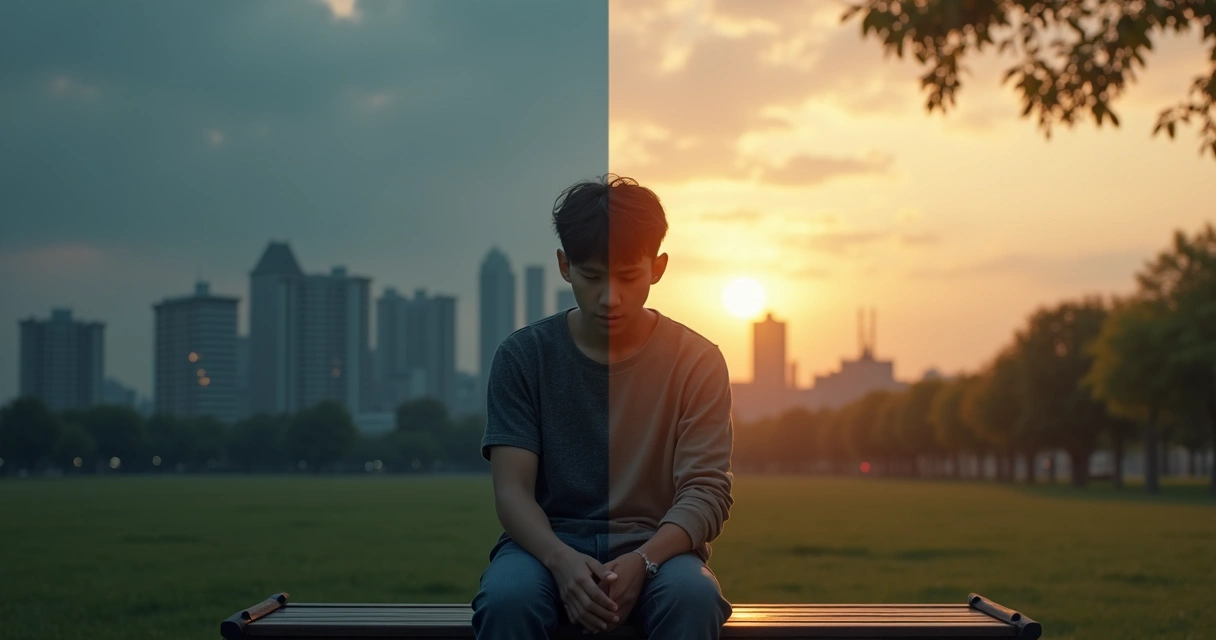 Pessoa sentada refletindo com metade do corpo em conflito e metade em calma 