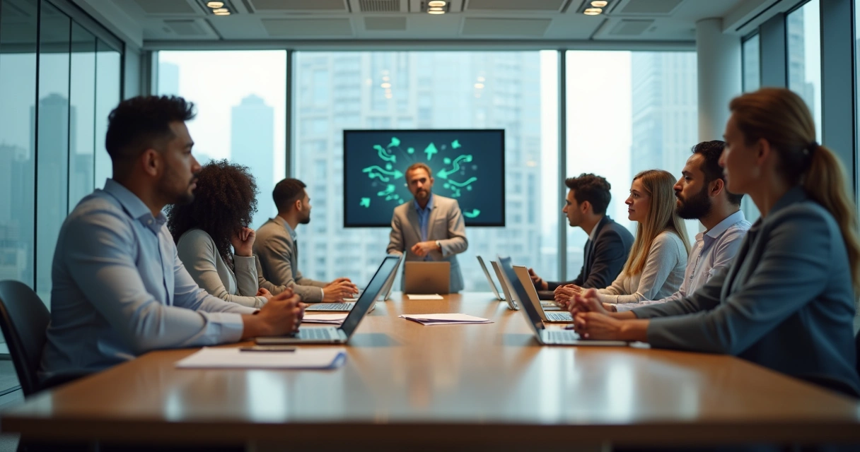 Equipe de trabalho em reunião com clima tenso e liderança facilitando o diálogo 