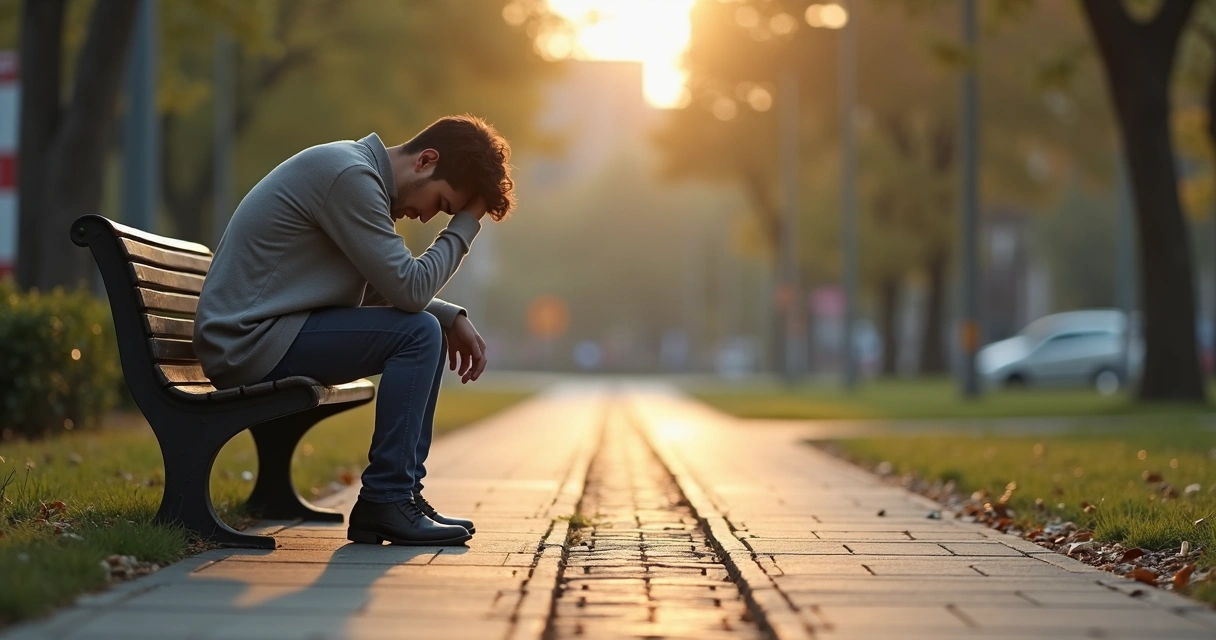 Pessoa sentada olhando para baixo com expressão pensativa e dois caminhos a sua frente 