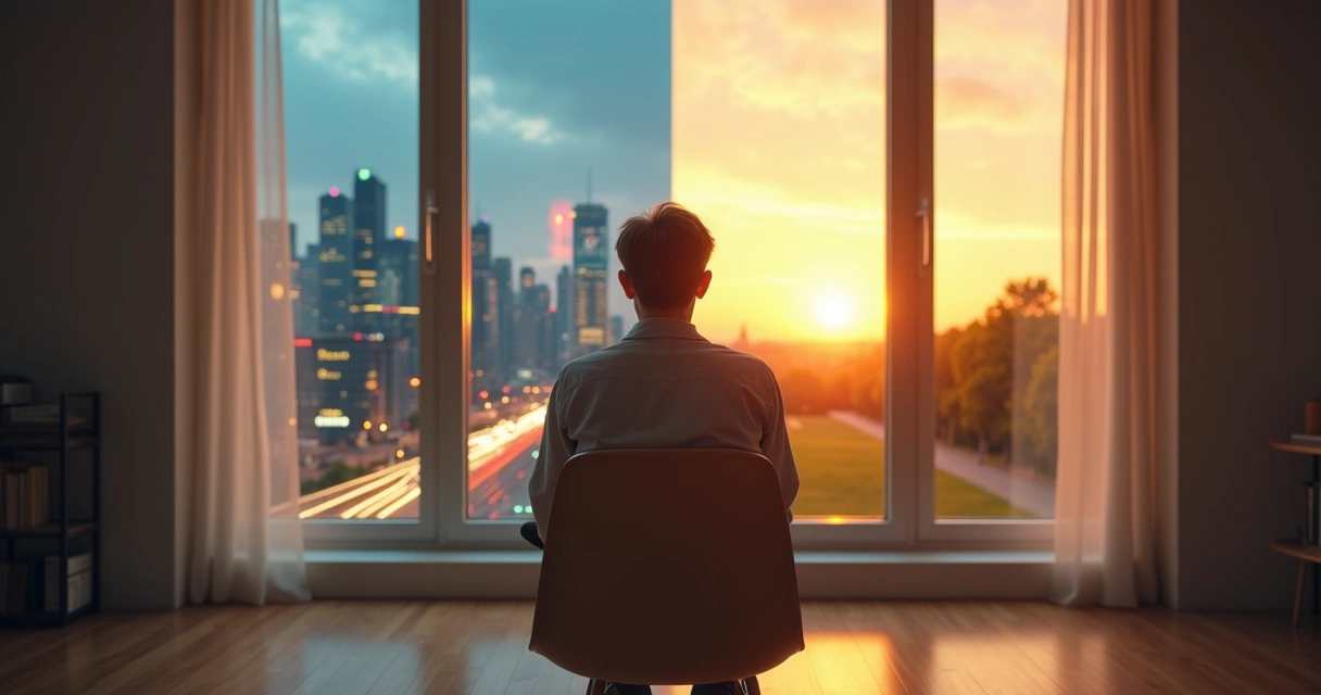 Pessoa sentada em cadeira olhando para janelas com caminhos de valores em conflito 