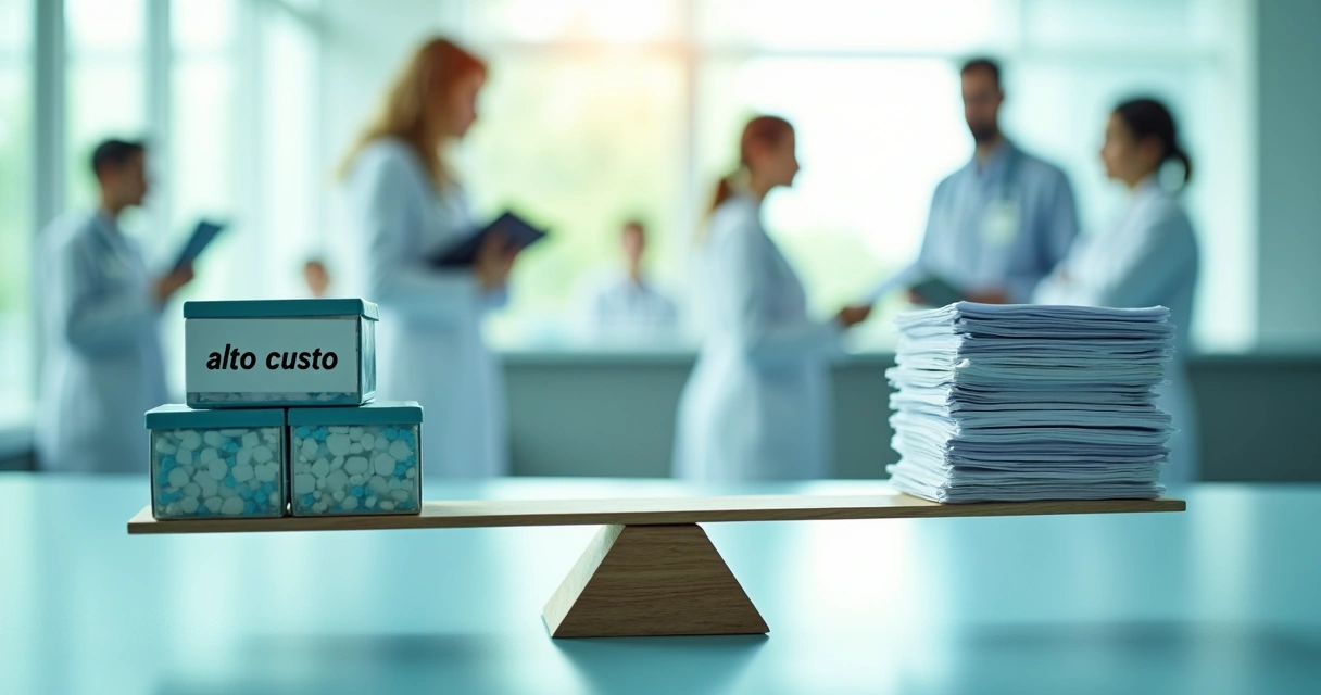 Conflito judicial sobre saúde mostrando balança e documentos de custos 