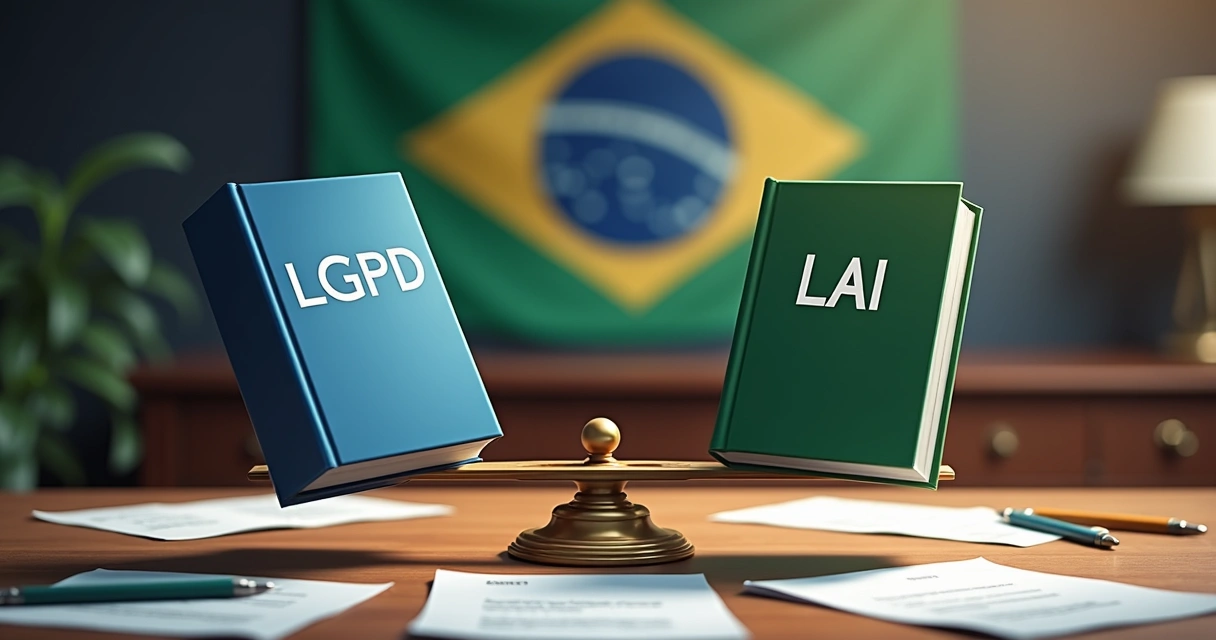 Ilustração de dois livros, um representando a LGPD e outro a LAI, em lados opostos de uma balança 