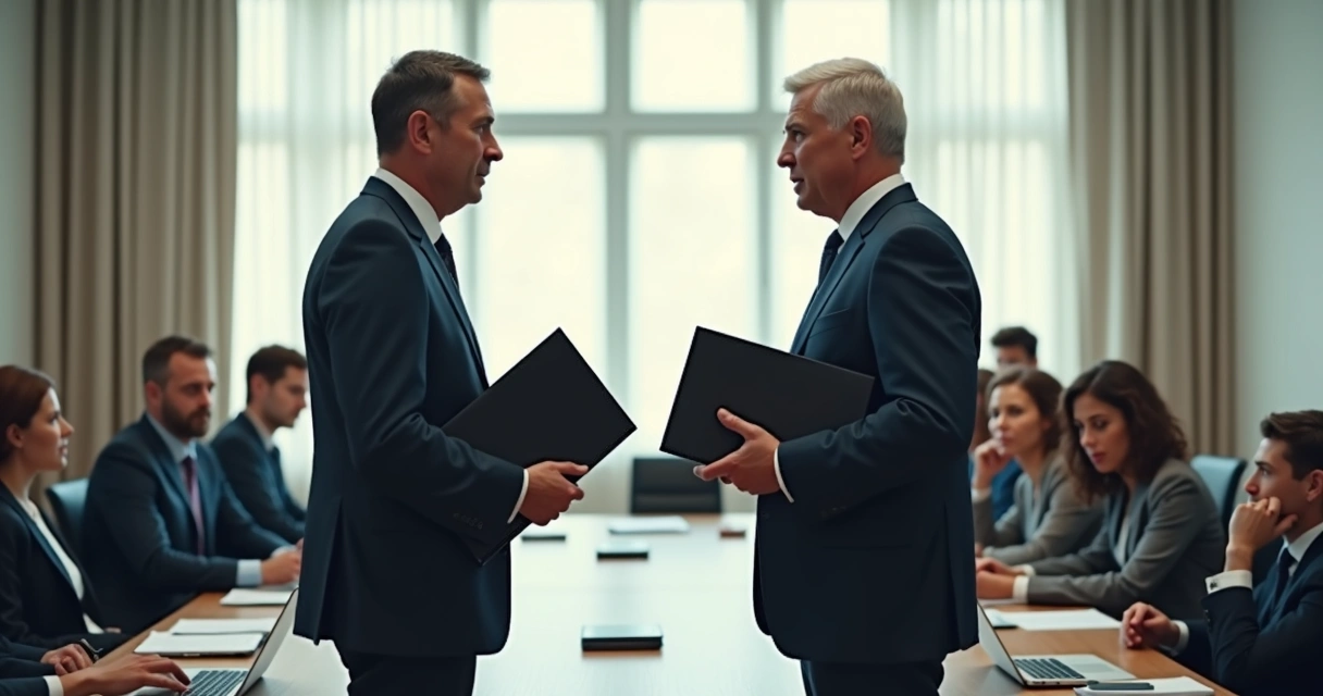Dois líderes corporativos de pé, se enfrentando em sala com equipe sentada ao fundo 