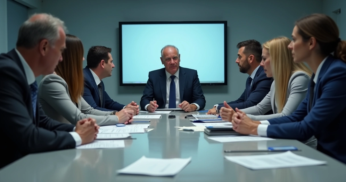 Líder e equipe discutem intensamente em mesa de reunião, rostos tensos e gestos defensivos. 