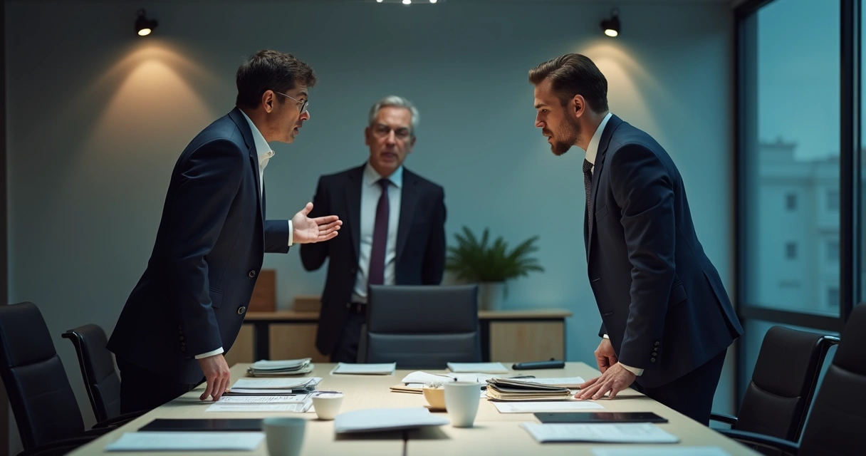 Dois colegas discutindo diante de líder preocupado 