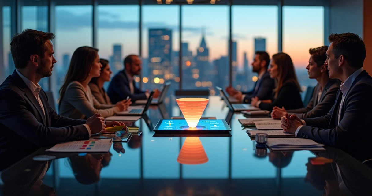 Mesa de reunião com divisão visual entre equipes de marketing e vendas em ambiente corporativo moderno 