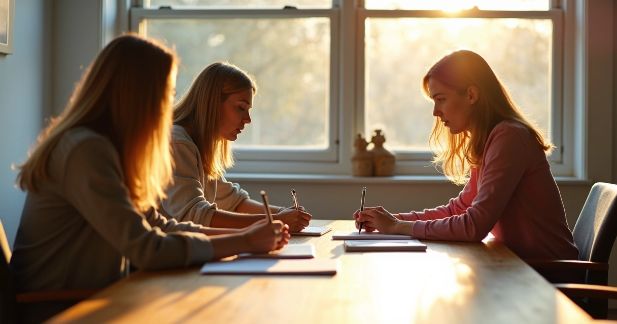 Três pessoas sentadas em uma mesa, conversando com atenção, mostrando respeito mútuo durante uma mediação de conflito. 