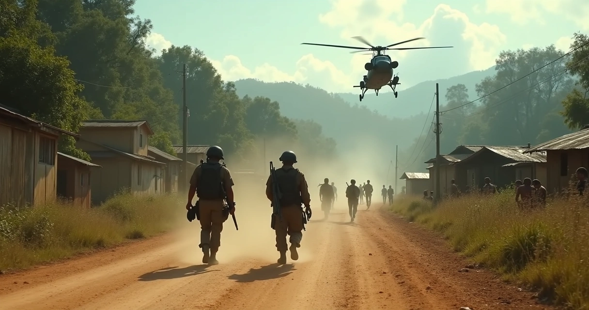 Soldados armados patrulham área rural na América do Sul com helicóptero ao fundo 