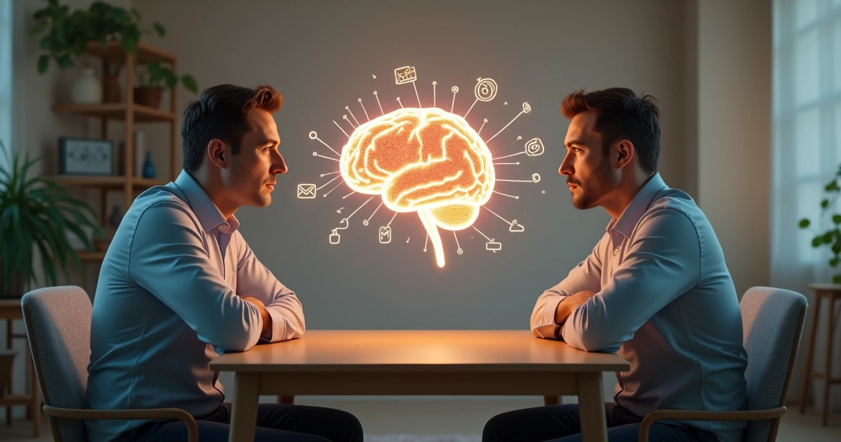 Duas pessoas em conflito sendo conectadas por um cérebro luminoso entre elas 