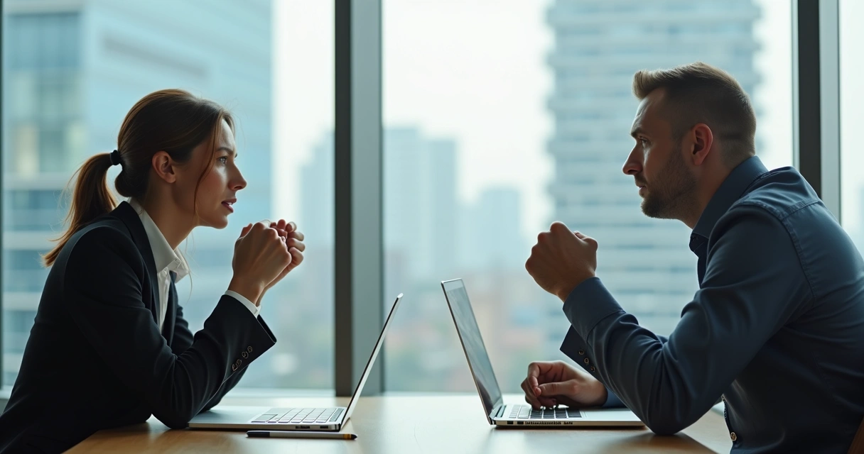 Duas pessoas em reunião, uma aparentando ter autoconhecimento, outra demonstrando tensão emocional 