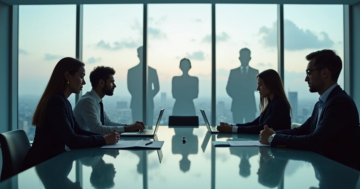 Equipe em reunião tensa com contraste entre expressão e sombra interior 