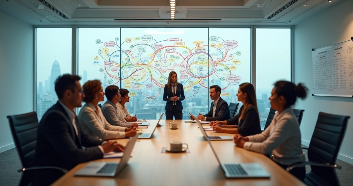 Equipe em reunião mediando conflito organizacional de forma colaborativa 
