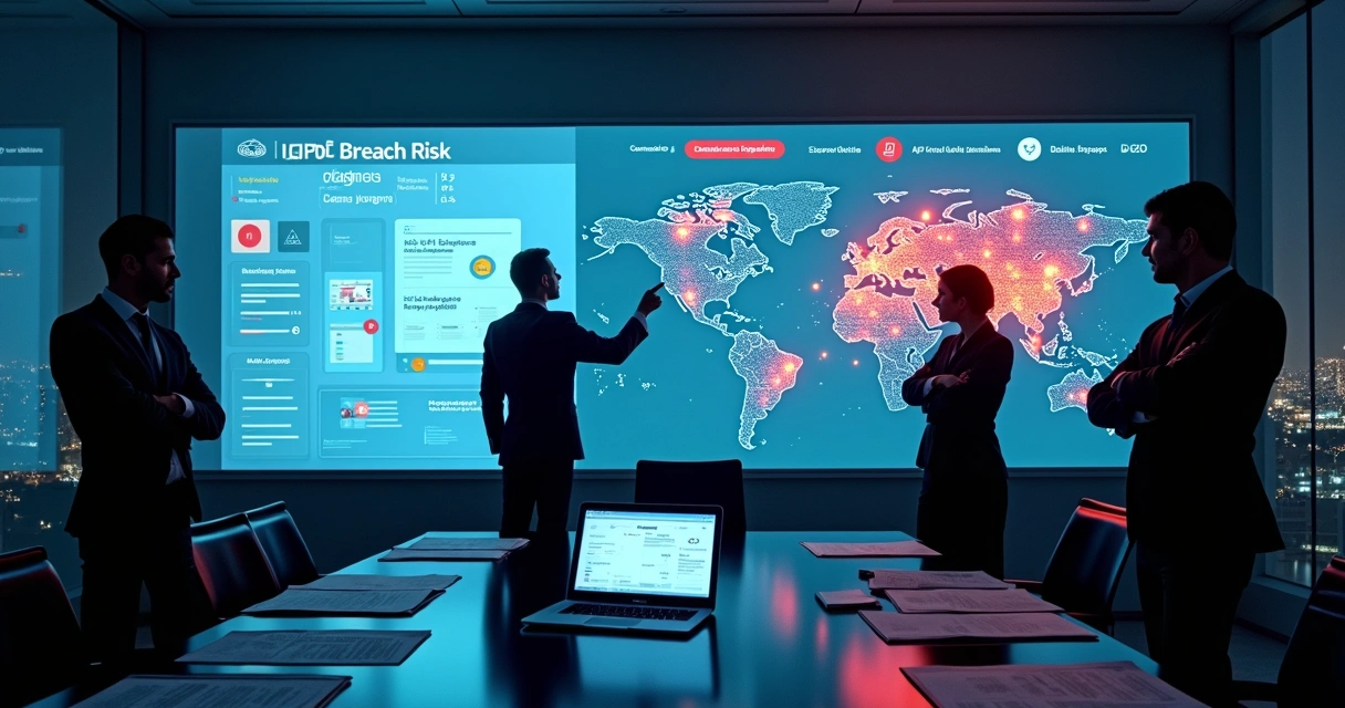 Diretores analisam painel digital com alertas de risco LGPD e impacto financeiro 