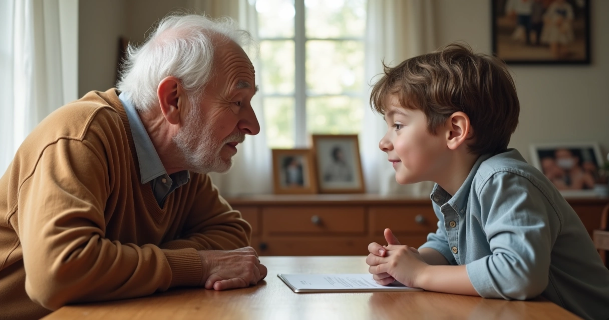 Avô e neto de gerações diferentes olhando um para o outro com respeito. 