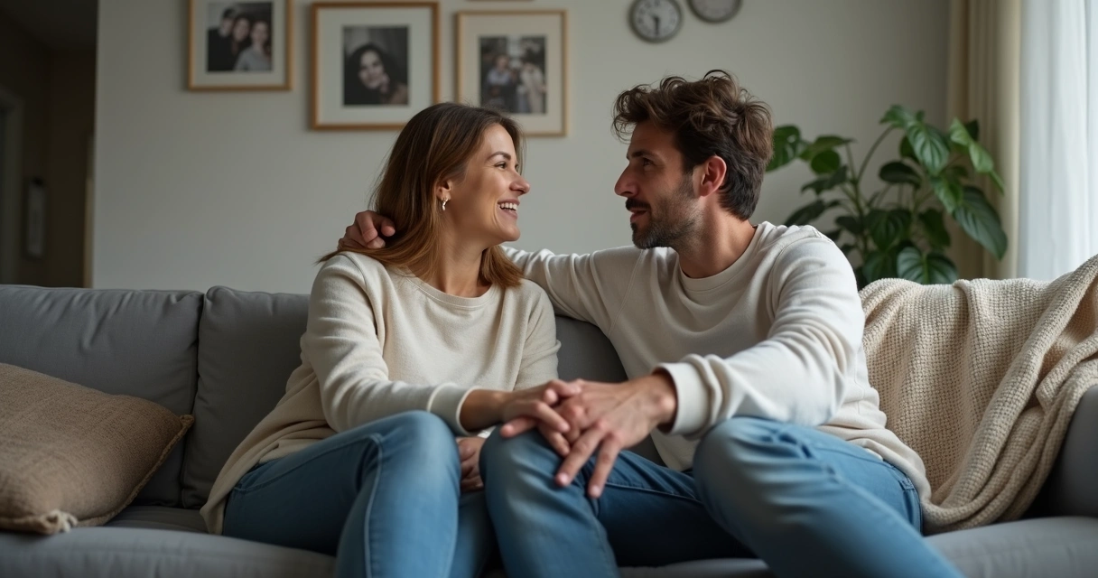Dois adultos sentados em um sofá, olhando um para o outro tentando se reconciliar 