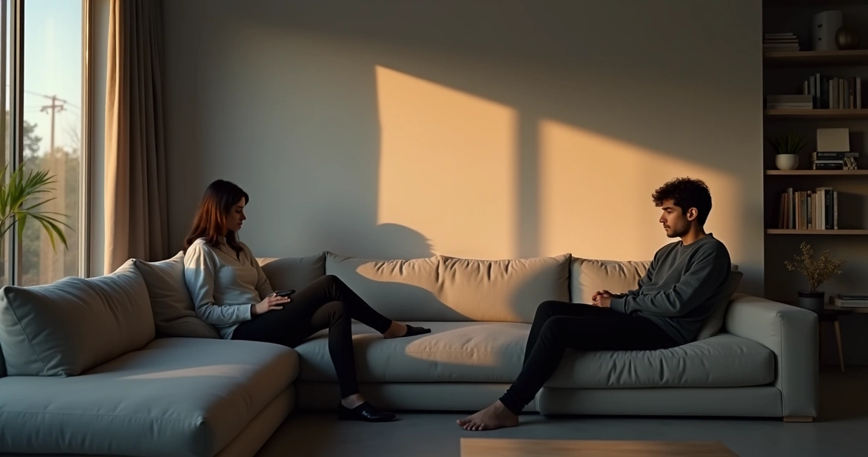 Casal em lados opostos de sofá com sombra no meio separando os dois 