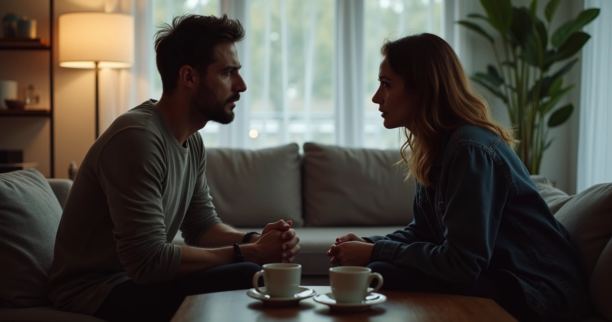 Casal discutindo em sala de estar, ambiente tenso 