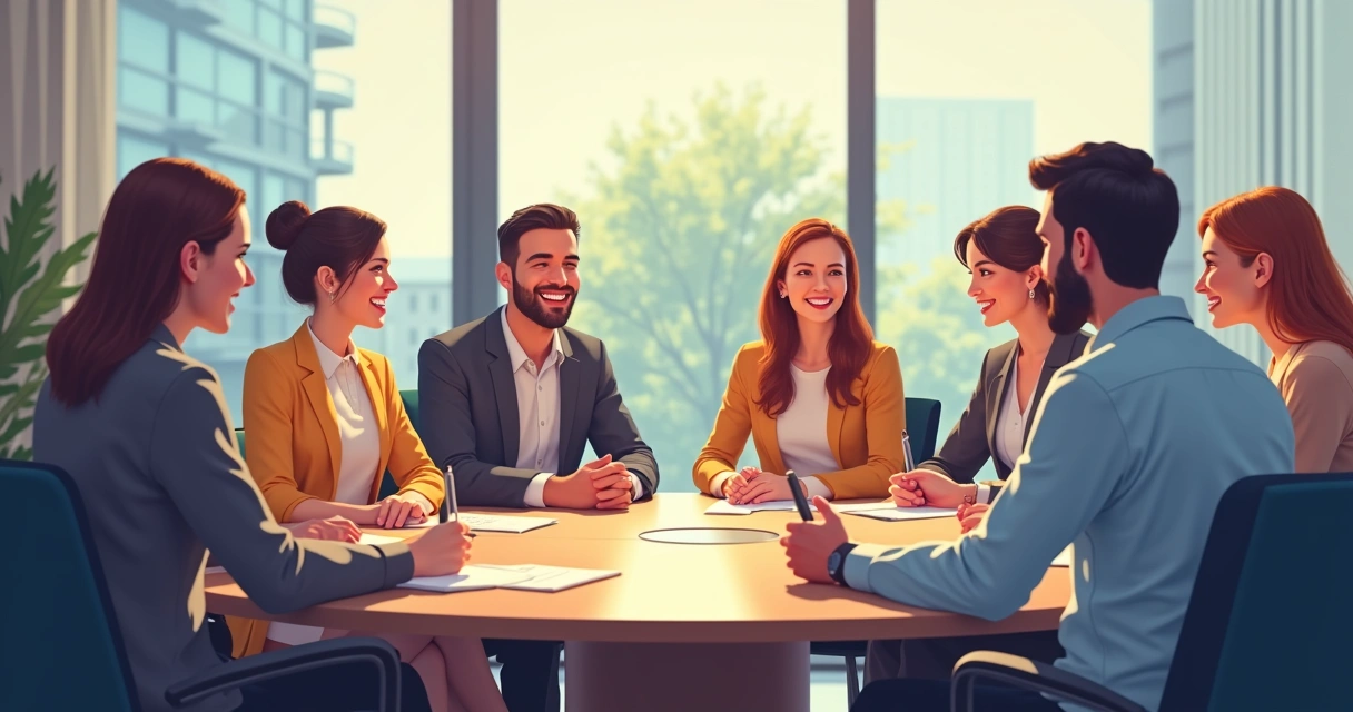 Equipes diferentes dialogam em torno de uma mesa para mediar conflito 