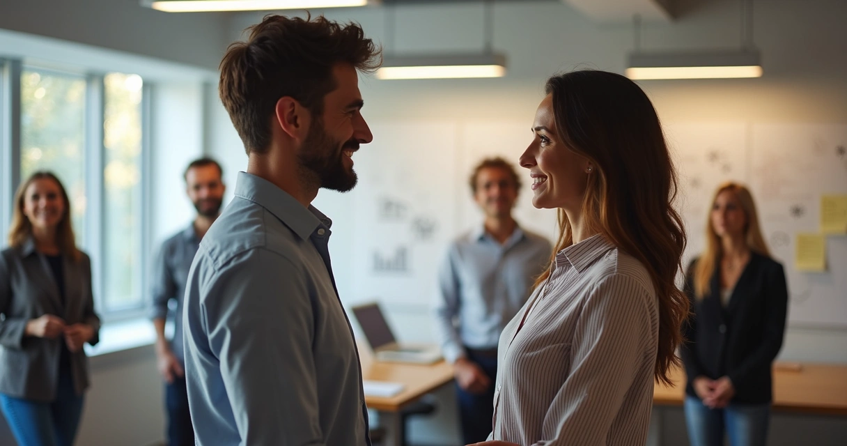 Duas pessoas em uma equipe resolvendo conflito olhando nos olhos em um escritório moderno