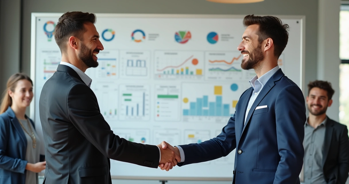 Duas pessoas em projeto apertando as mãos após discussão, expressão de alívio, quadro branco com plano de projeto ao fundo
