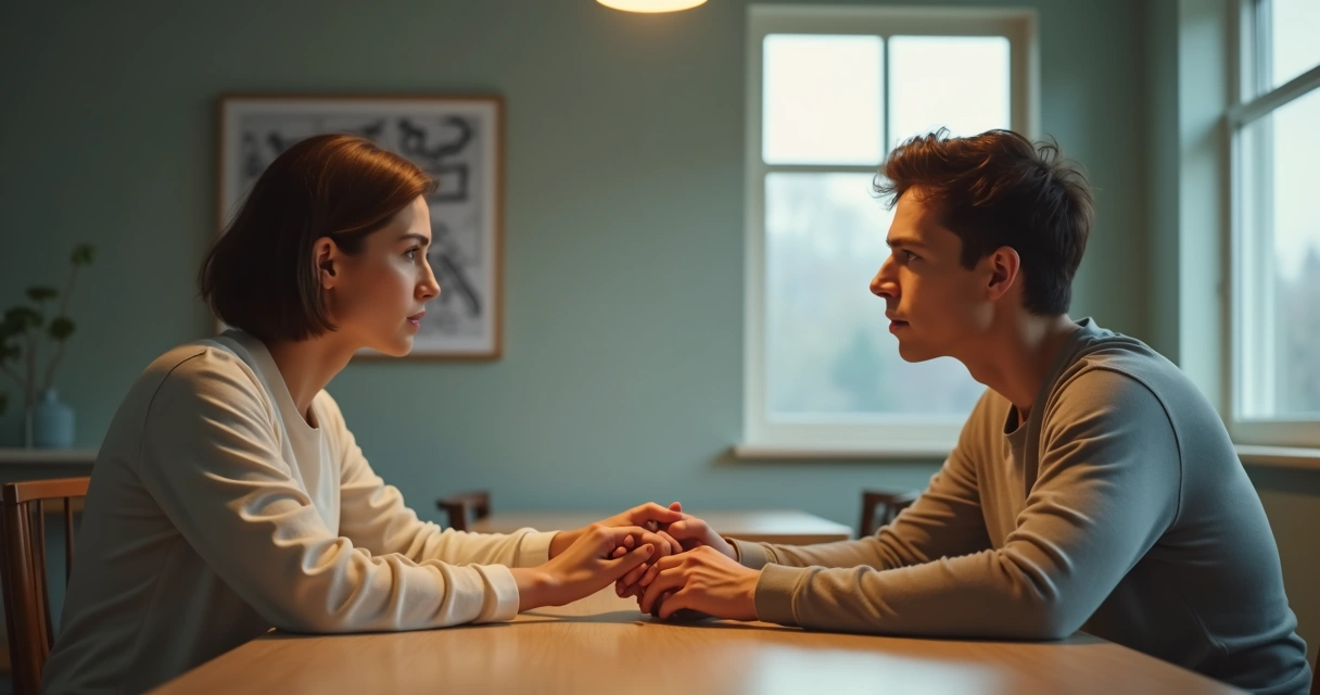 Duas pessoas sentadas frente a frente em meio a uma conversa delicada.