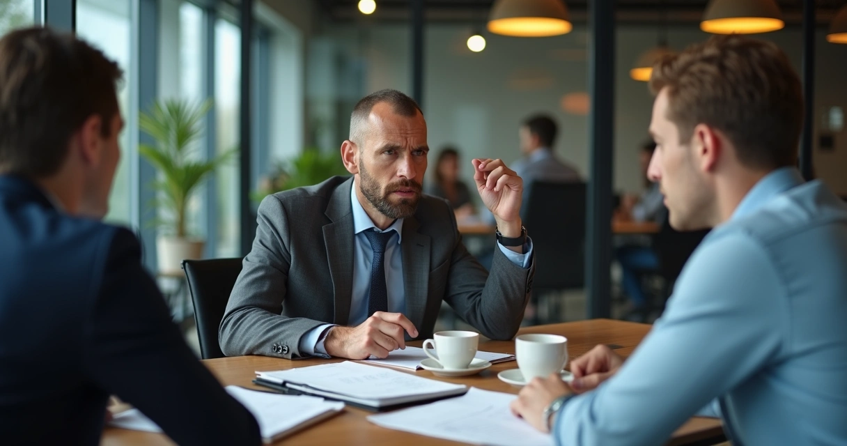 Três pessoas discutindo de maneira acalorada em uma sala de reunião, um deles visivelmente irritado, outros demonstrando desconforto.