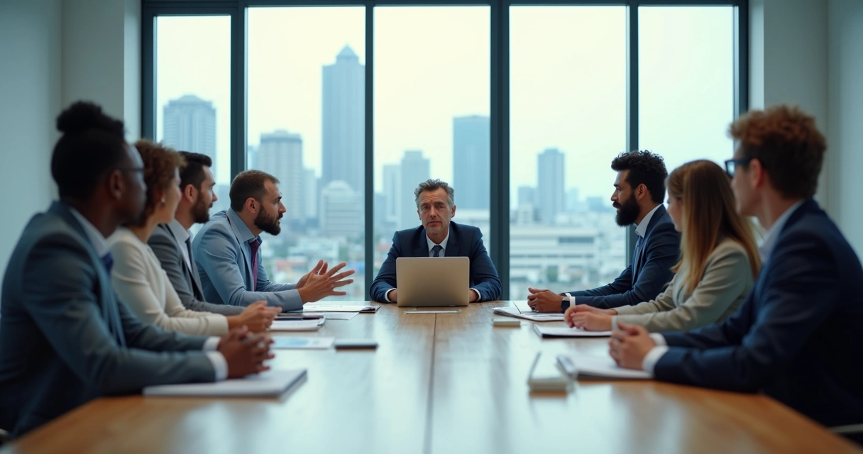 Equipe em reunião mediando conflito no ambiente de trabalho 