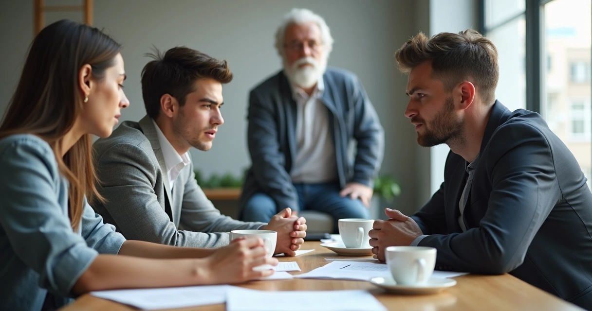 Rivalidade entre irmãos em empresa familiar visível em reunião tensa. 