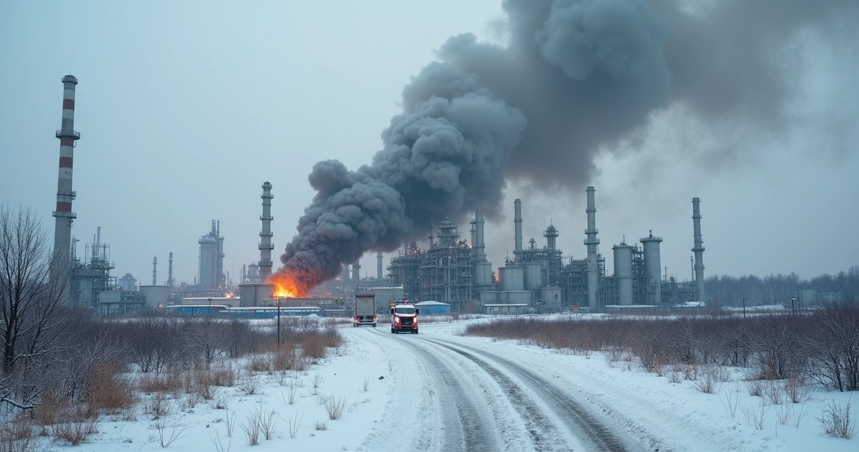 Fumaça sobe de refinaria atingida em área industrial com inverno na Ucrânia 