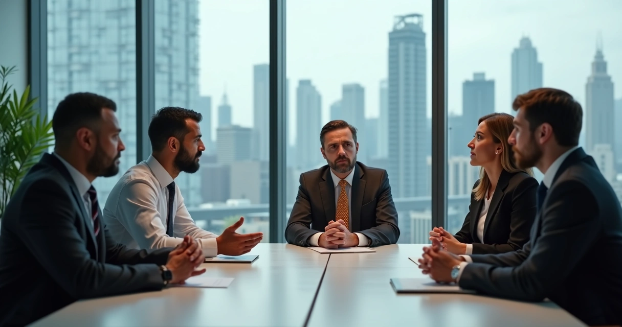 Profissionais com culturas distintas debatendo em sala de reunião 