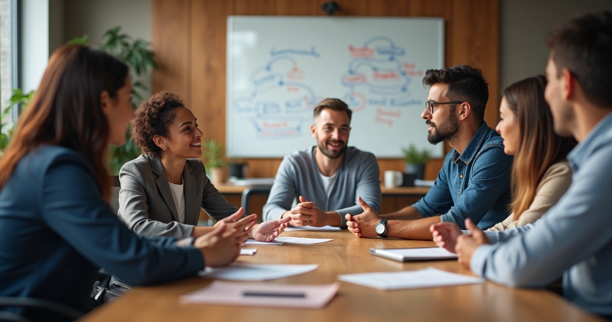 Duas pessoas sentadas em uma mesa, debatendo calmamente, enquanto outros colegas acompanham a conversa atentos. 