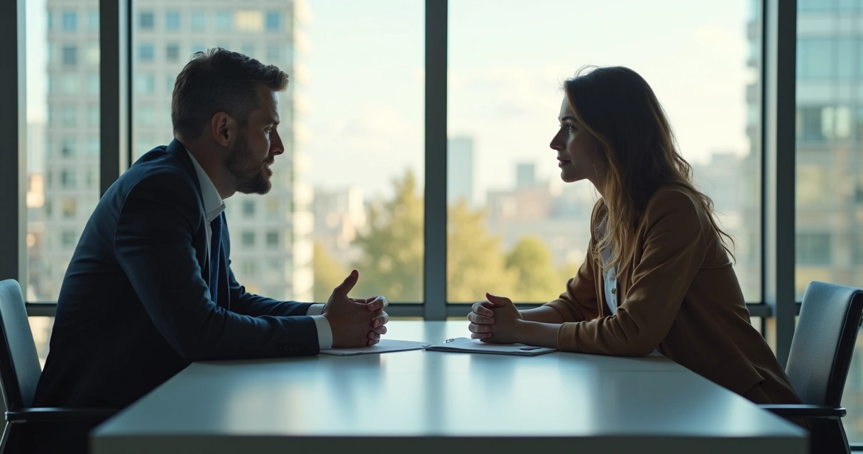 Dois colegas conversando após um desentendimento no trabalho, ambos sentados, expressando emoções, ambiente de escritório moderno 