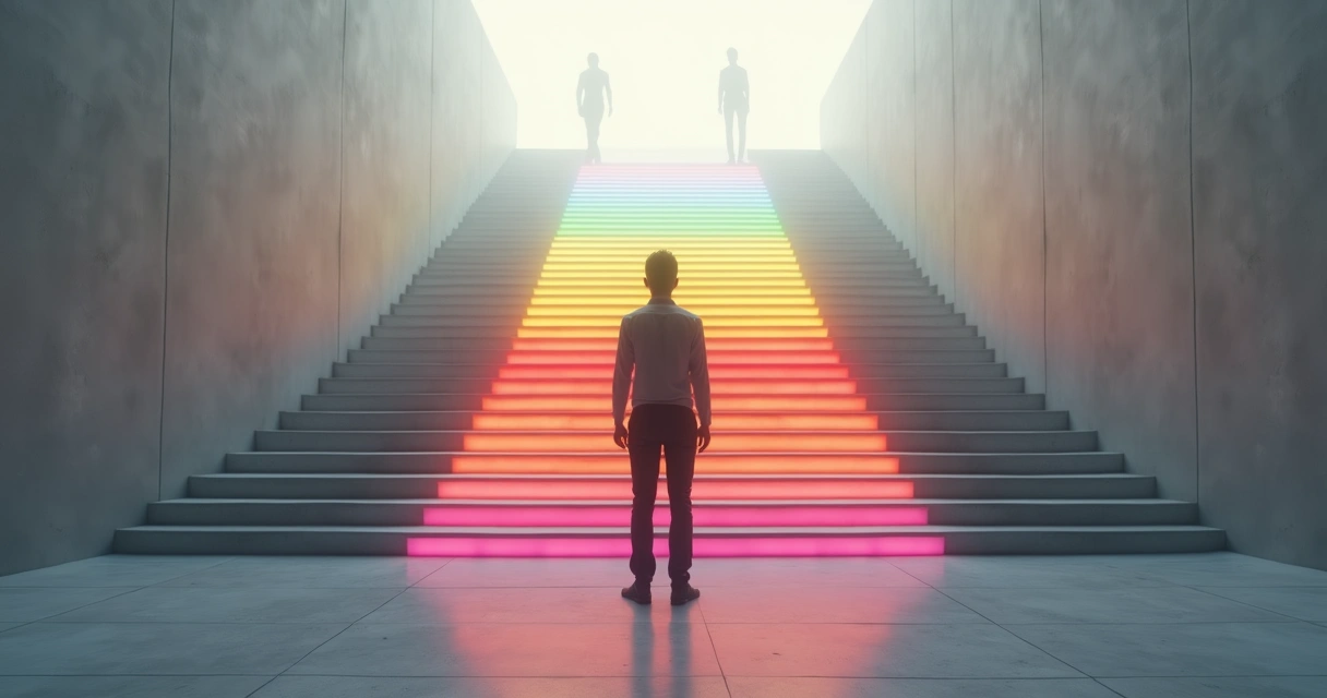 Pessoa em frente a escadas de luz coloridas simbolizando sete níveis de consciência 