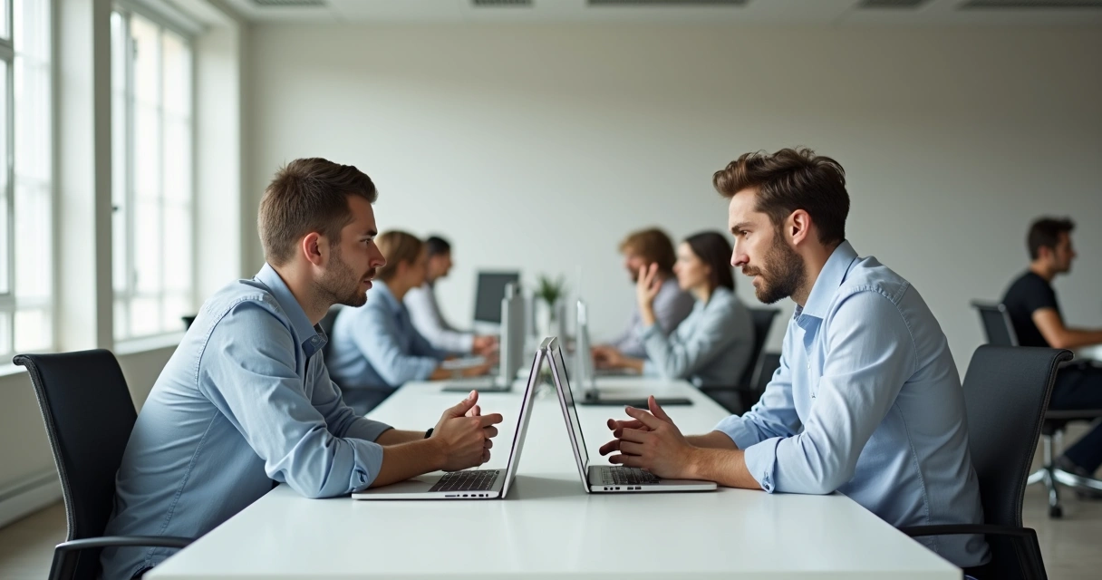 Colegas sentados lado a lado em escritório moderno evitando contato visual em clima de tensão silenciosa 