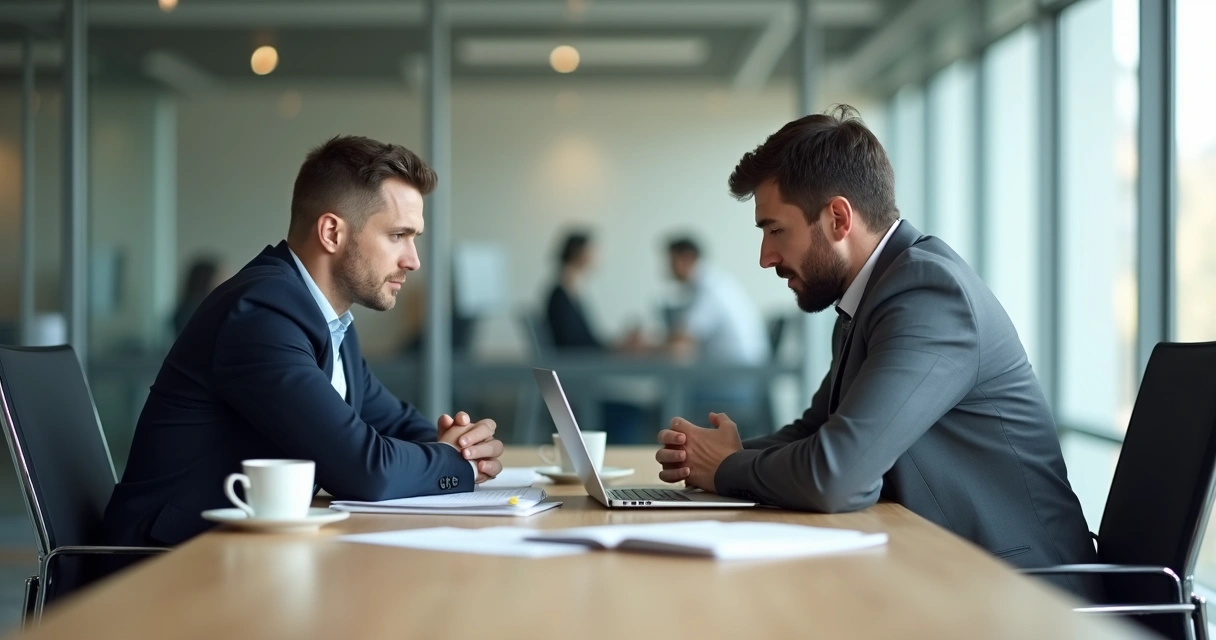 Colegas sentados de costas em uma sala de reunião, em silêncio e com tensão visível 