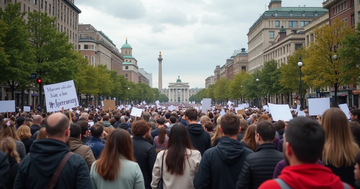 Aglomeração de pessoas segurando cartazes em uma praça central durante manifestação 
