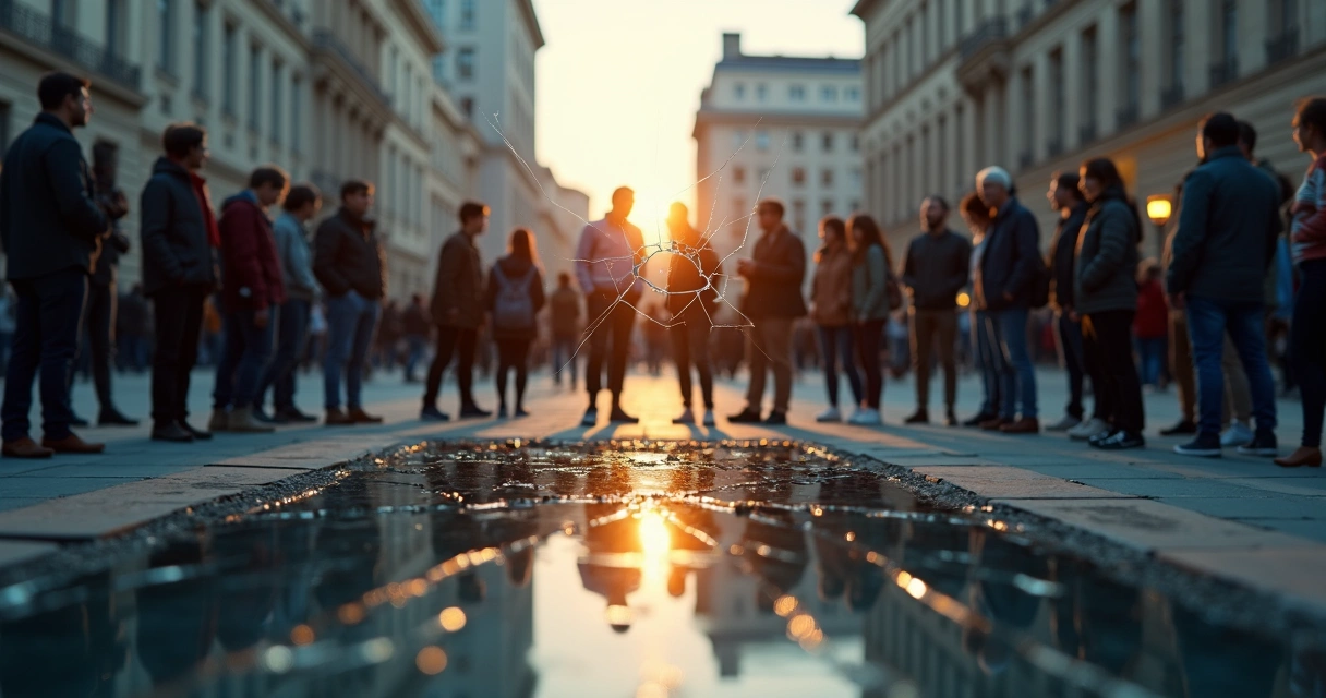 Grupo em conflito refletido em espelho rachado mostrando dor interior 