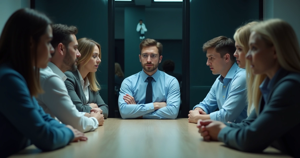 Grupo de pessoas em reunião, mas olhando em direções opostas, simbolizando tensão oculta 