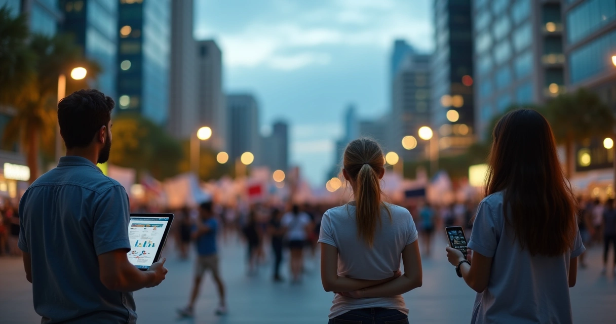 Grupo diverso em uma cidade olhando para o mesmo protesto de ângulos diferentes 