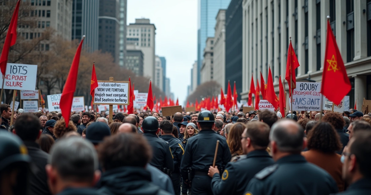 Manifestação em uma grande cidade, grupos opostos separados por uma linha de policiais, expressando tensão social