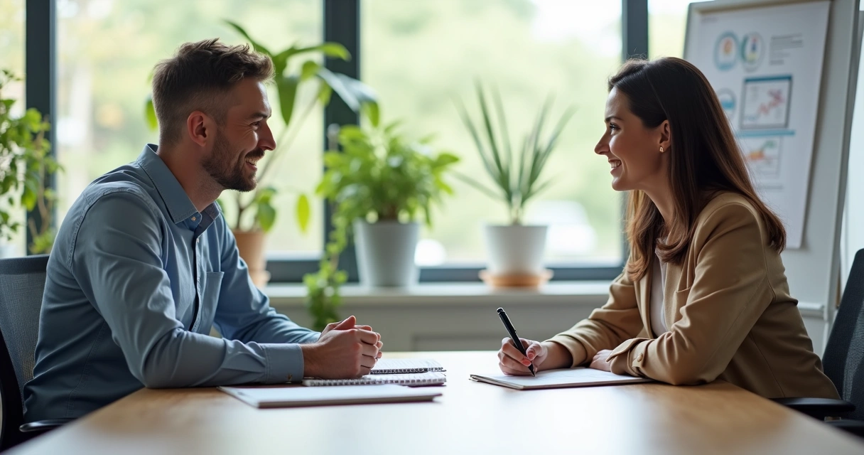 Dois colegas resolvendo um conflito com uma conversa construtiva em sala de reunião 