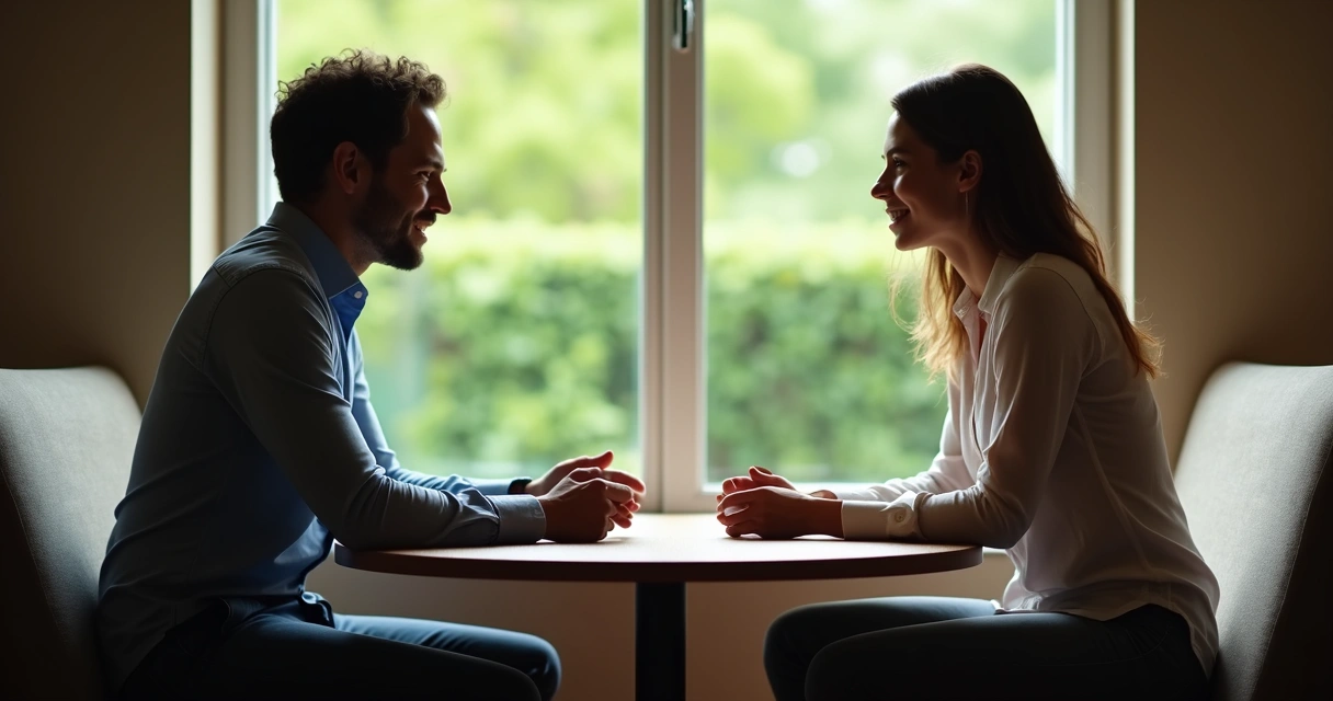 Duas pessoas sentadas frente a frente, conversando de maneira tranquila 